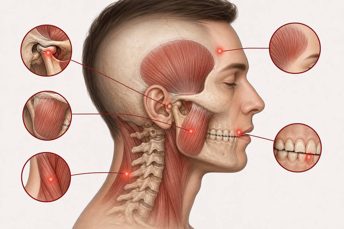 Anatomische Darstellung der Schmerzbereiche bei Bruxismus, von Kiefergelenk bis Kopfschmerzen.
