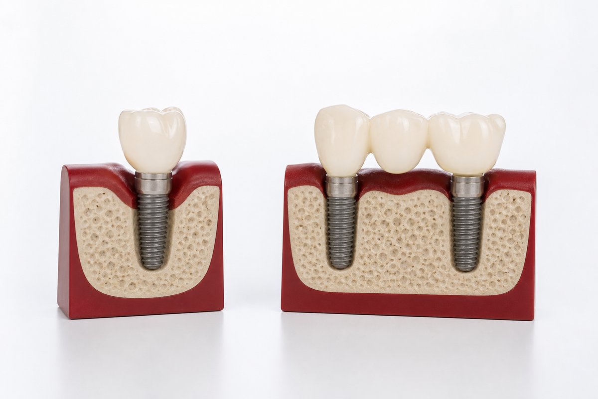 Zahnmodelle vergleichen eine implantatgetragene Einzelkrone und eine Brücke als Suprakonstruktion nebeneinander